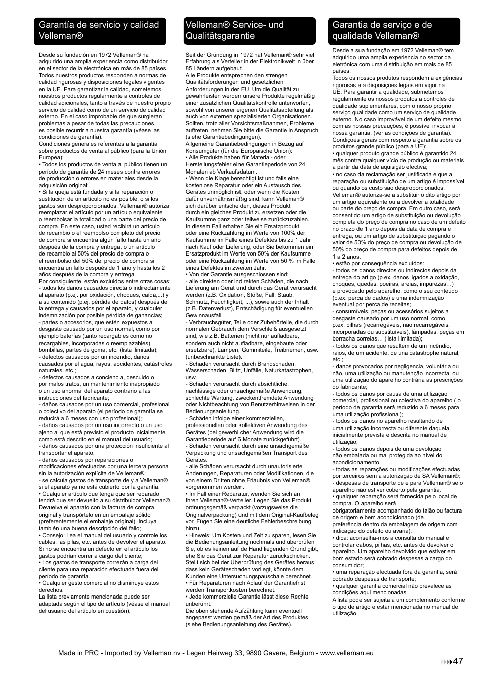 Garantía de servicio y calidad velleman, Velleman® service- und qualitätsgarantie, Garantia de serviço e de qualidade velleman | Velleman WB039 User Manual | Page 47 / 48