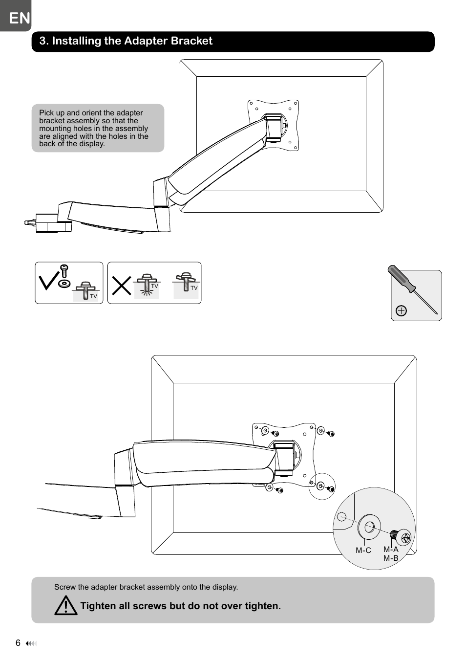 C ket, Installing the adapter bracket, Tighten all screws but do not over tighten | Velleman WB039 User Manual | Page 6 / 48