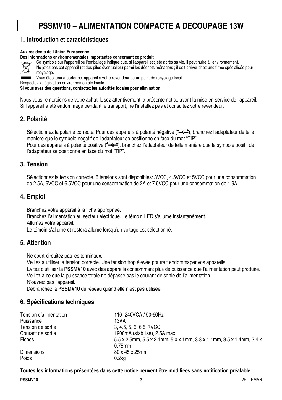 Pssmv10 – alimentation compacte a decoupage 13w, Introduction et caractéristiques, Polarité | Tension, Emploi, Attention, Spécifications techniques | Velleman PSSE37 User Manual | Page 3 / 5