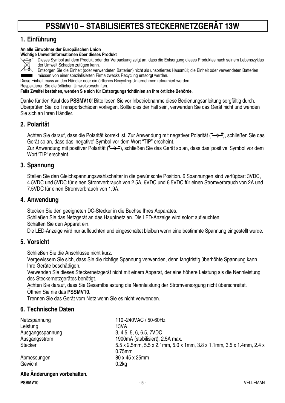 Pssmv10 – stabilisiertes steckernetzgerät 13w, Einführung, Polarität | Spannung, Anwendung, Vorsicht, Technische daten | Velleman PSSE37 User Manual | Page 5 / 5