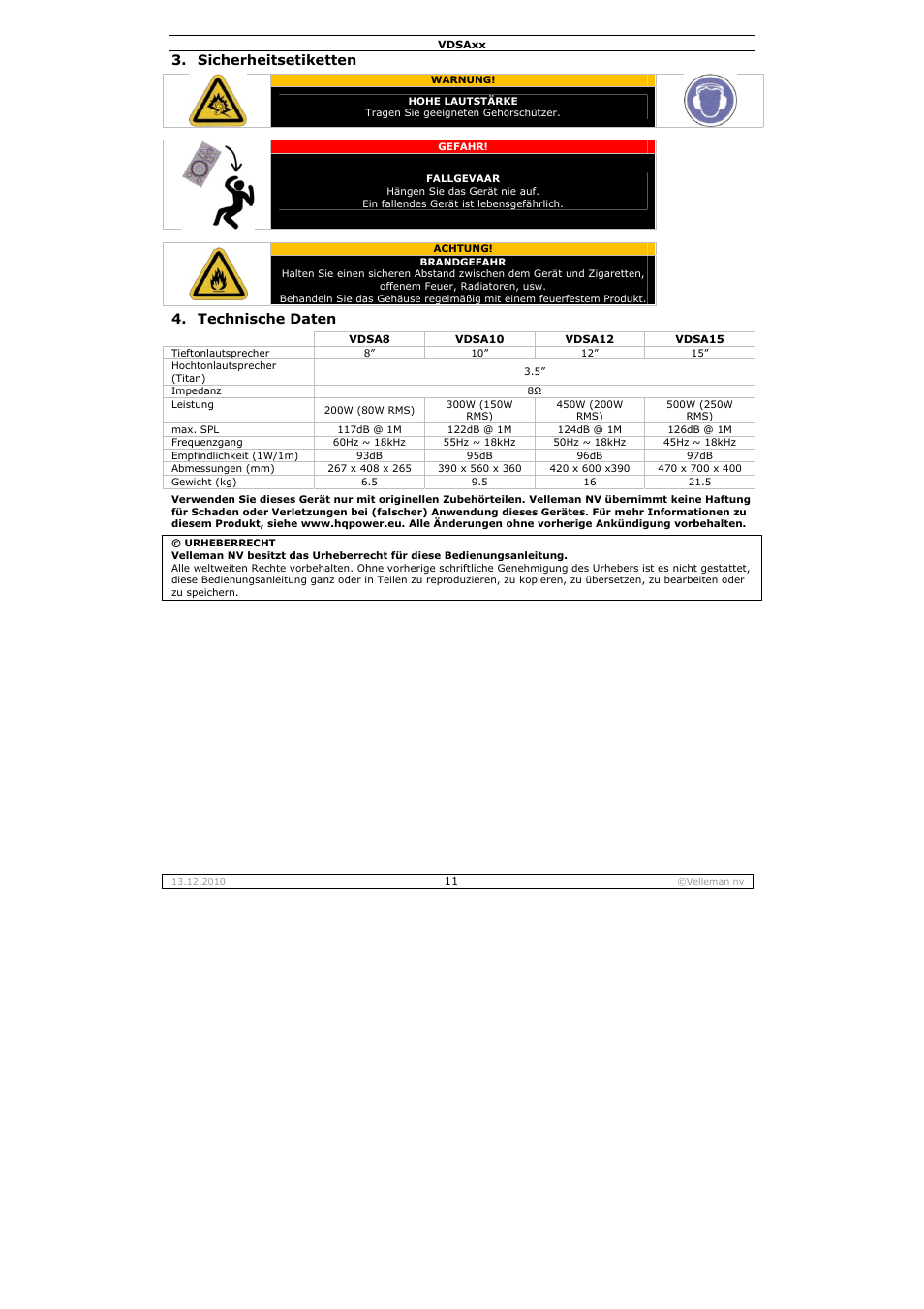 Sicherheitsetiketten, Technische daten | Velleman VDSA10 User Manual | Page 11 / 13