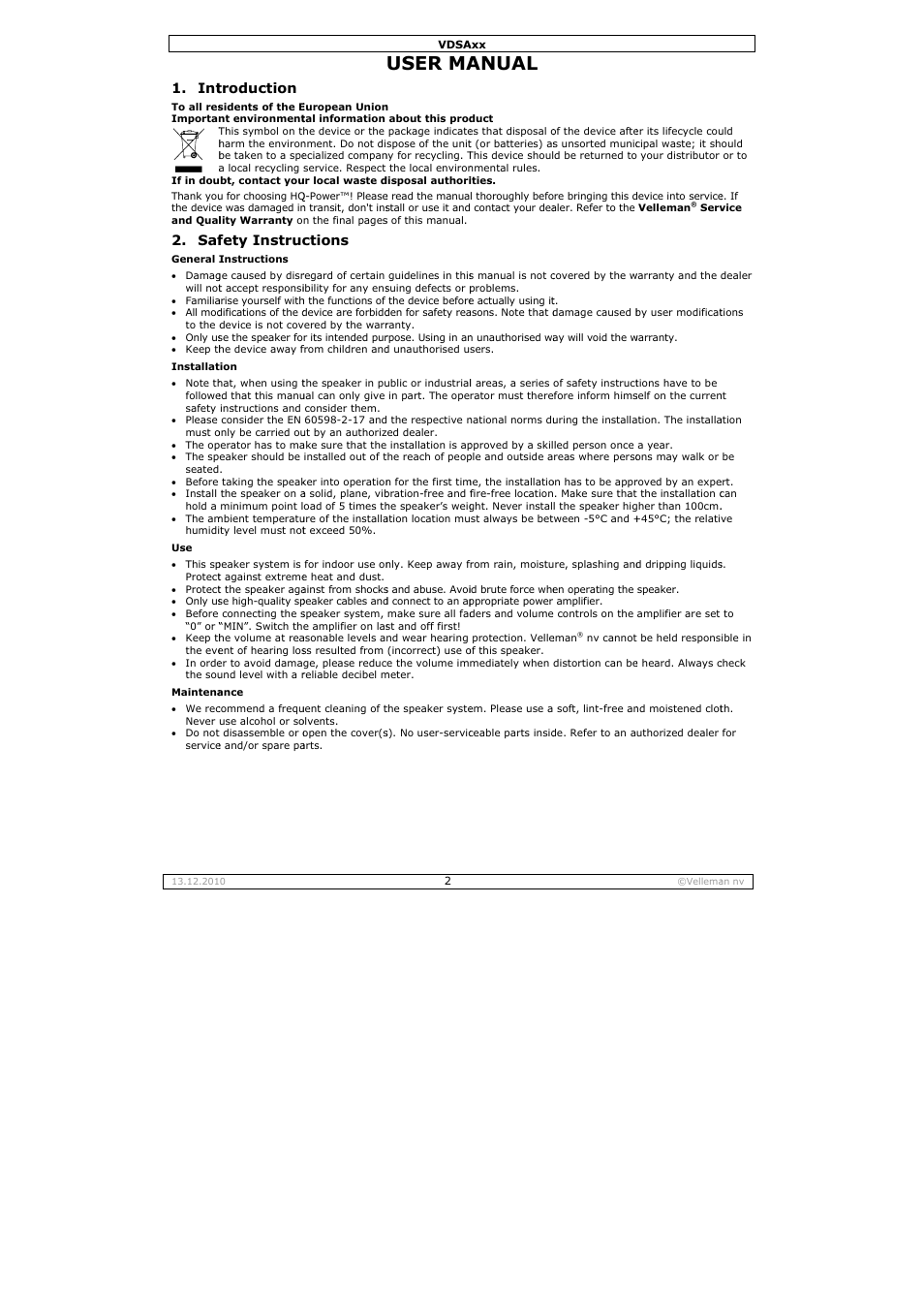 User ma, Anual, Troduction | Fety instruc, Ctions | Velleman VDSA10 User Manual | Page 2 / 13