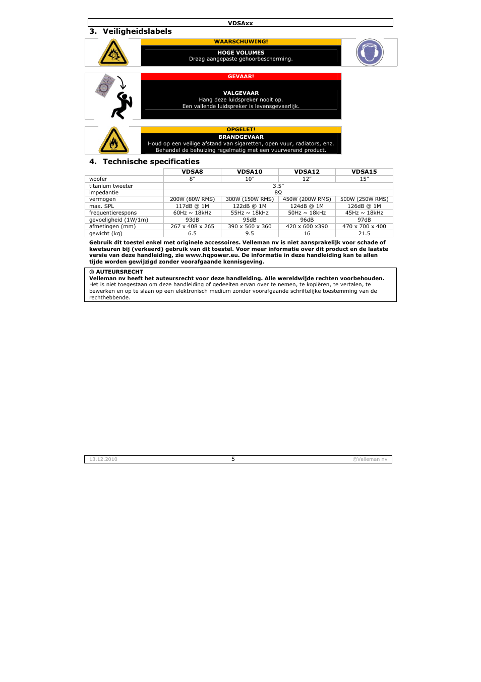 Veiligheidslabels, Technische specificaties | Velleman VDSA10 User Manual | Page 5 / 13