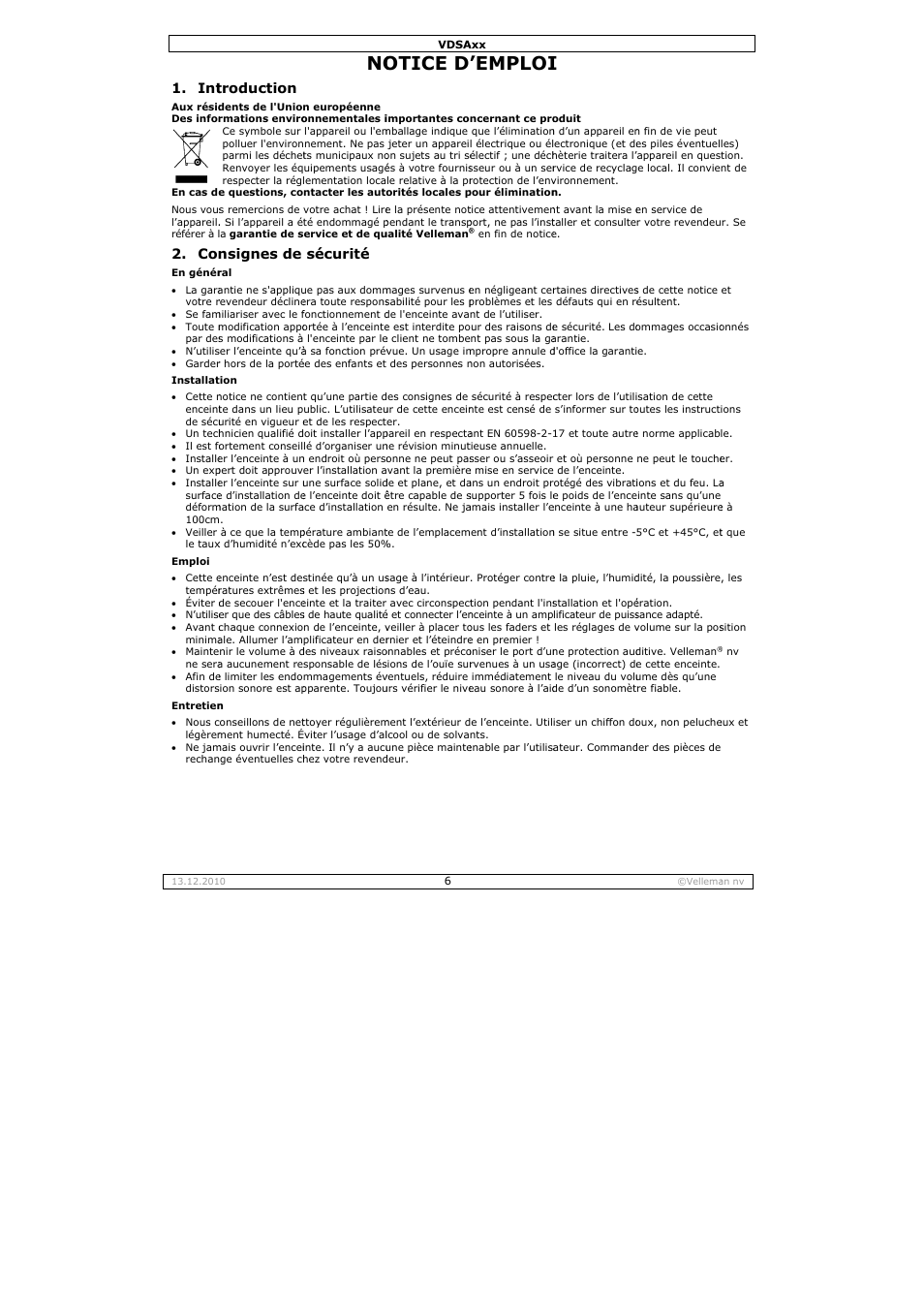 Otice d, Emploi, Troduction | Nsignes de, Sécurité | Velleman VDSA10 User Manual | Page 6 / 13