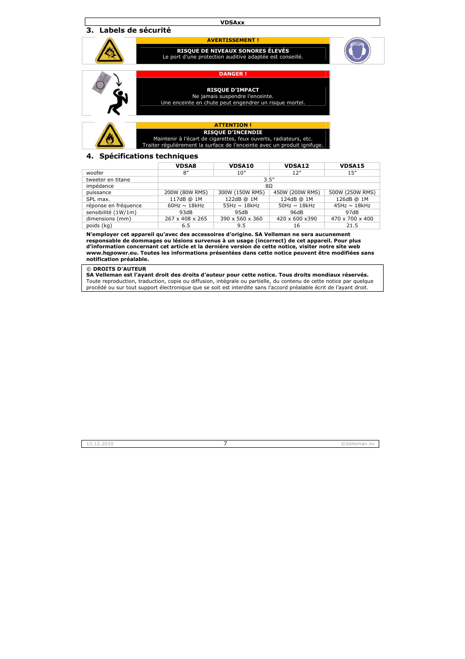 Labels de sécurité, Spécifications techniques | Velleman VDSA10 User Manual | Page 7 / 13