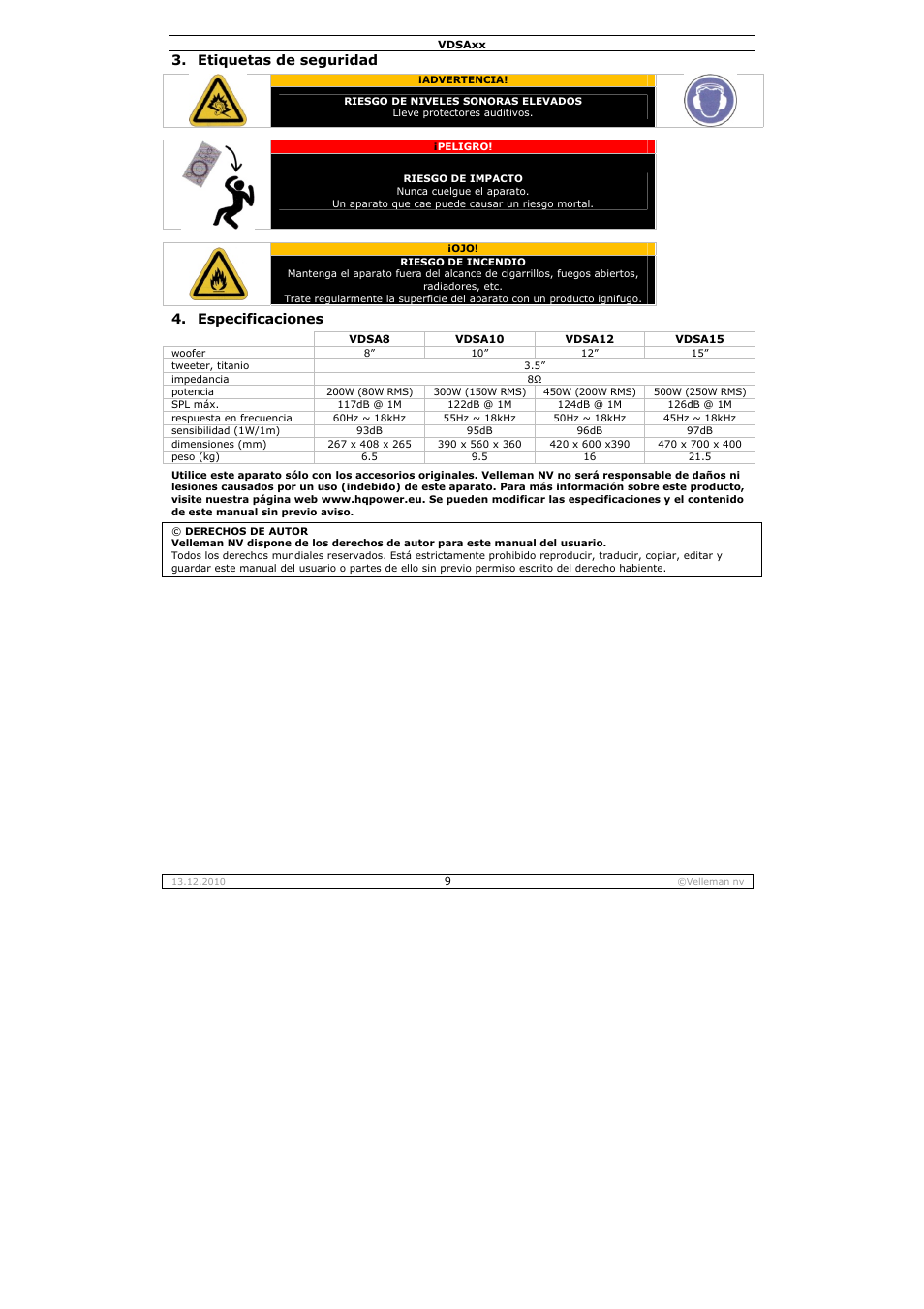 Etiquetas de seguridad, Especificaciones | Velleman VDSA10 User Manual | Page 9 / 13
