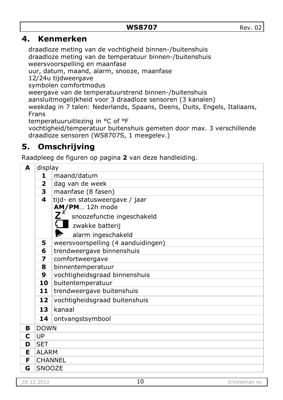 Kenmerken, Omschrijving | Velleman WS8707 User Manual | Page 10 / 50