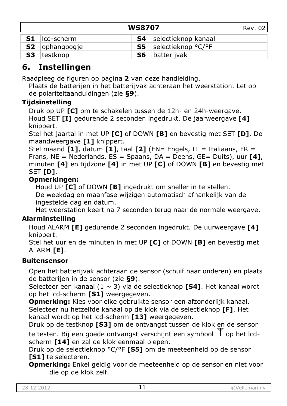Instellingen | Velleman WS8707 User Manual | Page 11 / 50