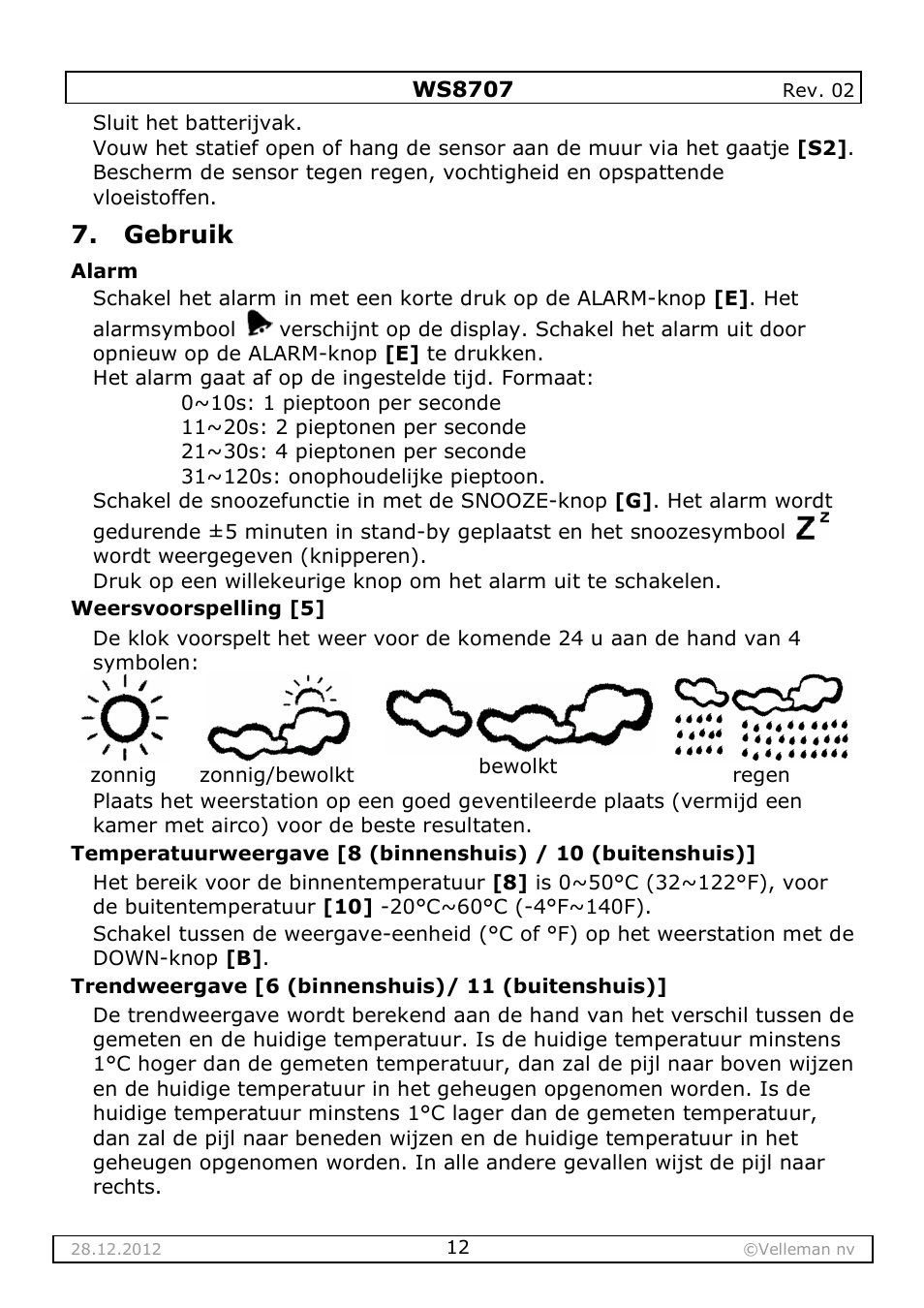 Gebruik | Velleman WS8707 User Manual | Page 12 / 50