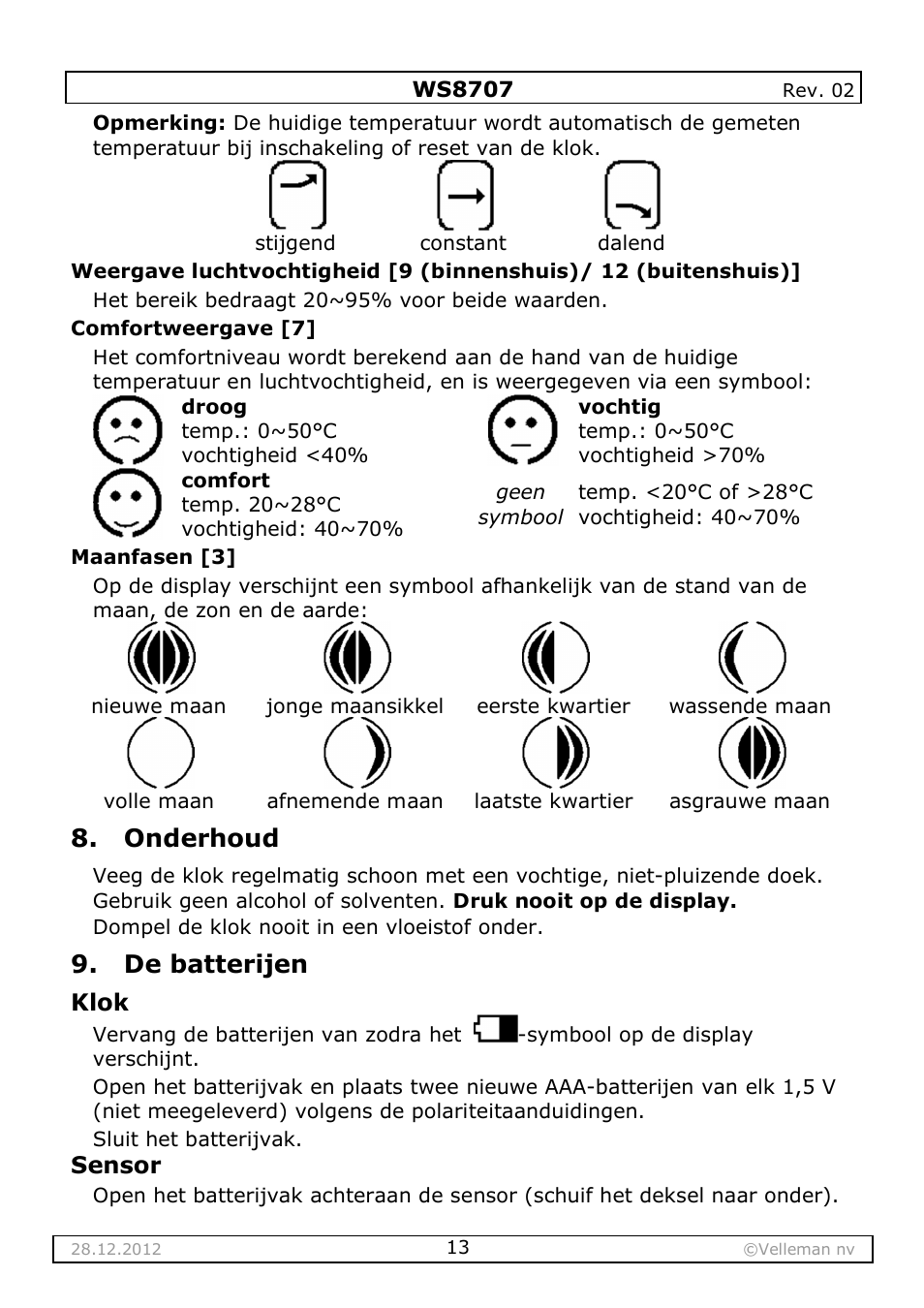 Onderhoud, De batterijen | Velleman WS8707 User Manual | Page 13 / 50