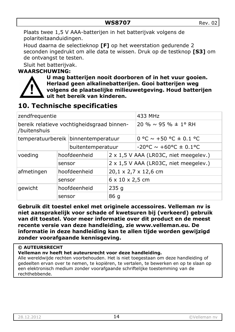 Technische specificaties | Velleman WS8707 User Manual | Page 14 / 50