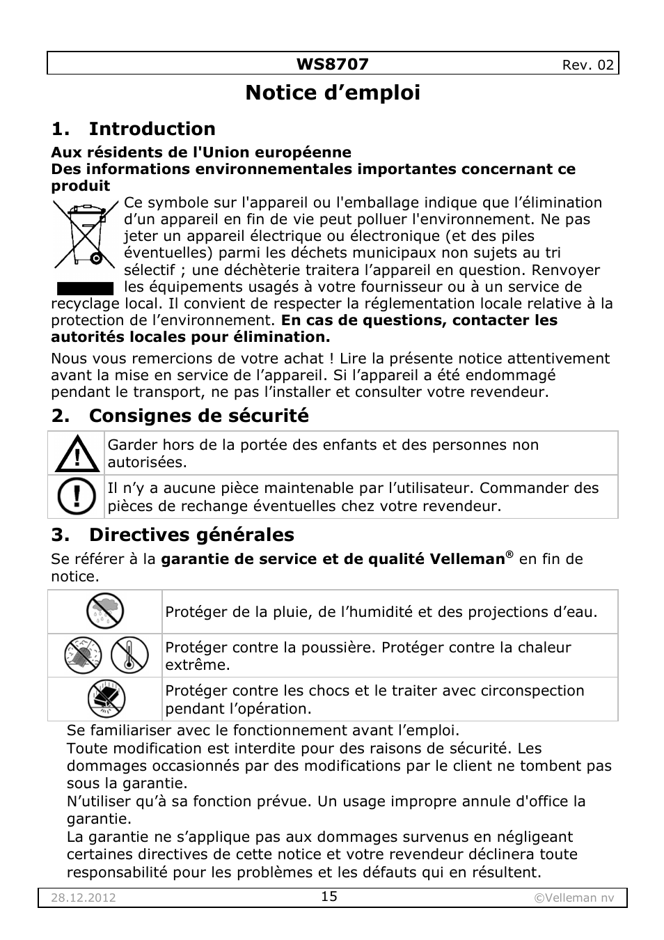 Notice d’emploi, Introduction, Consignes de sécurité | Directives générales | Velleman WS8707 User Manual | Page 15 / 50