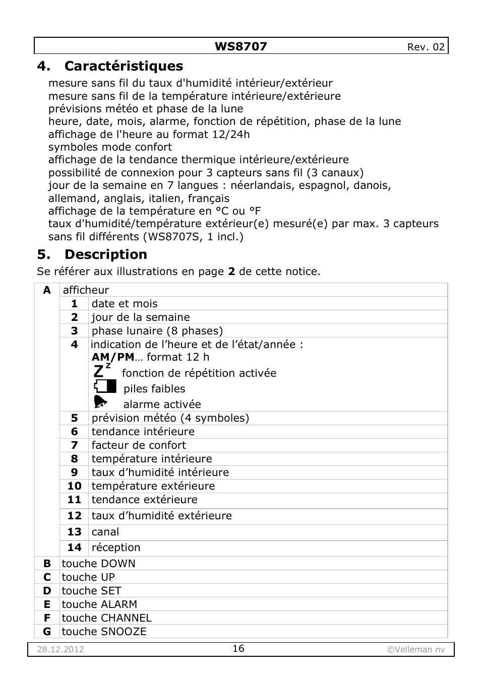 Caractéristiques, Description | Velleman WS8707 User Manual | Page 16 / 50