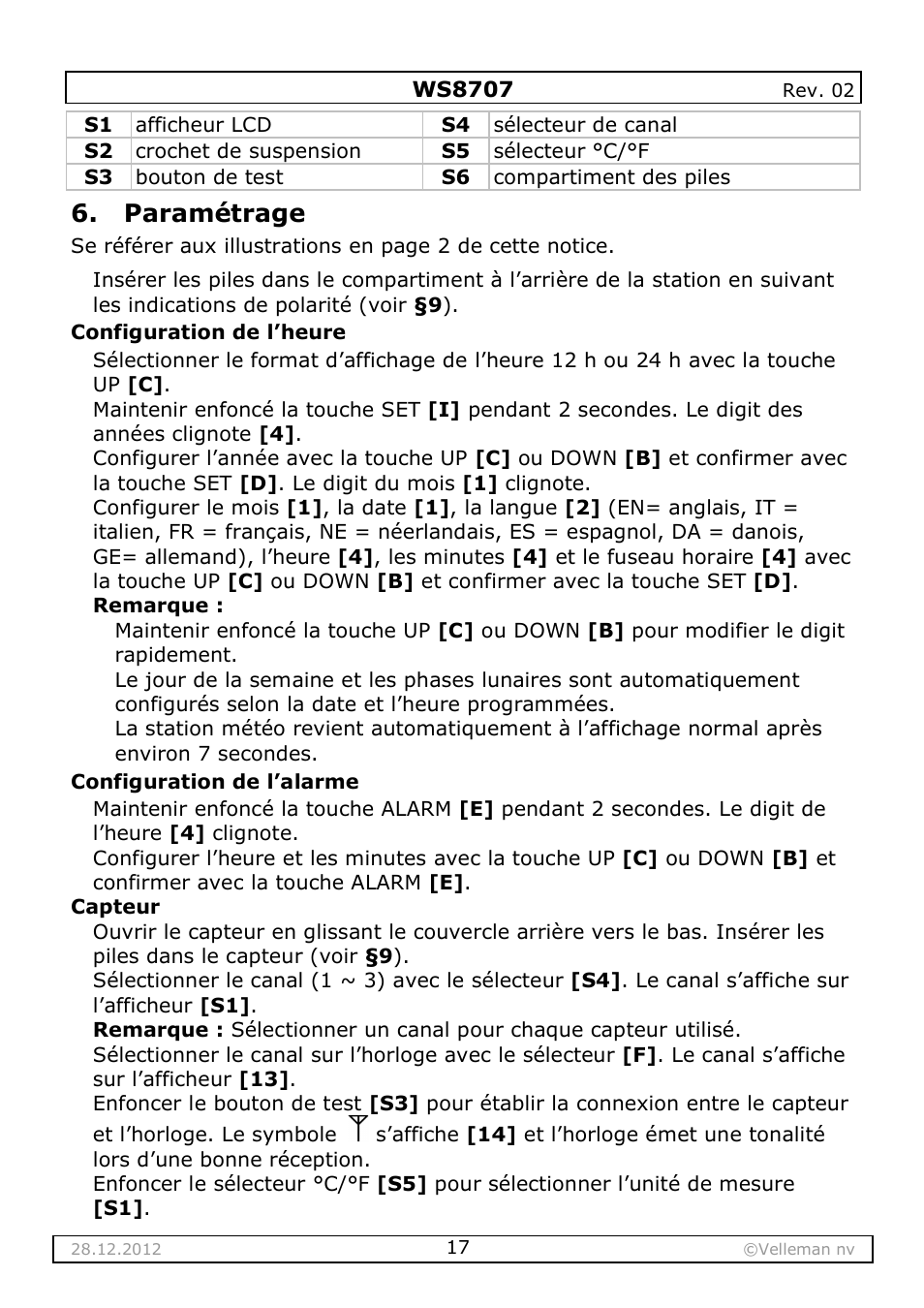 Paramétrage | Velleman WS8707 User Manual | Page 17 / 50