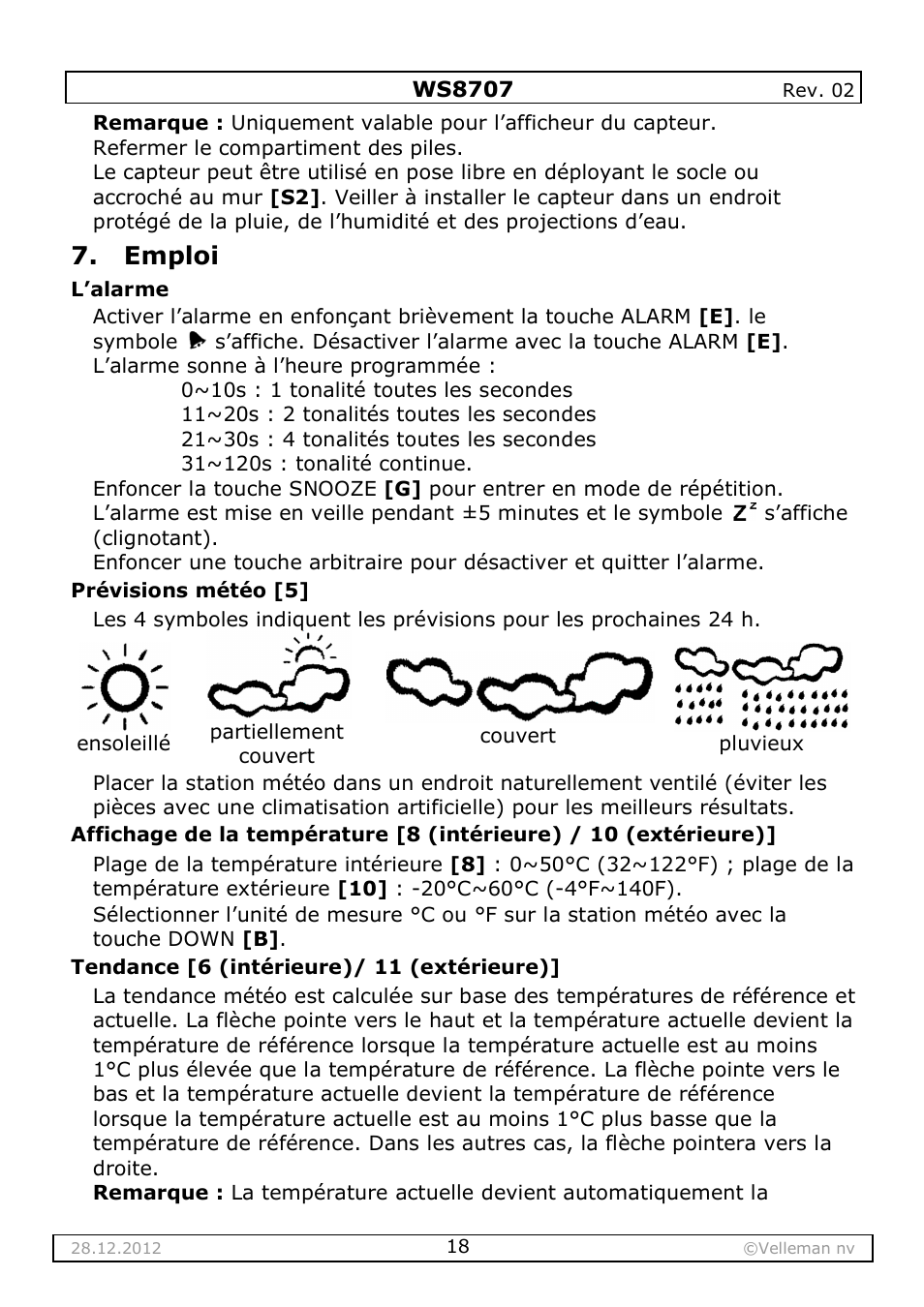 Emploi | Velleman WS8707 User Manual | Page 18 / 50