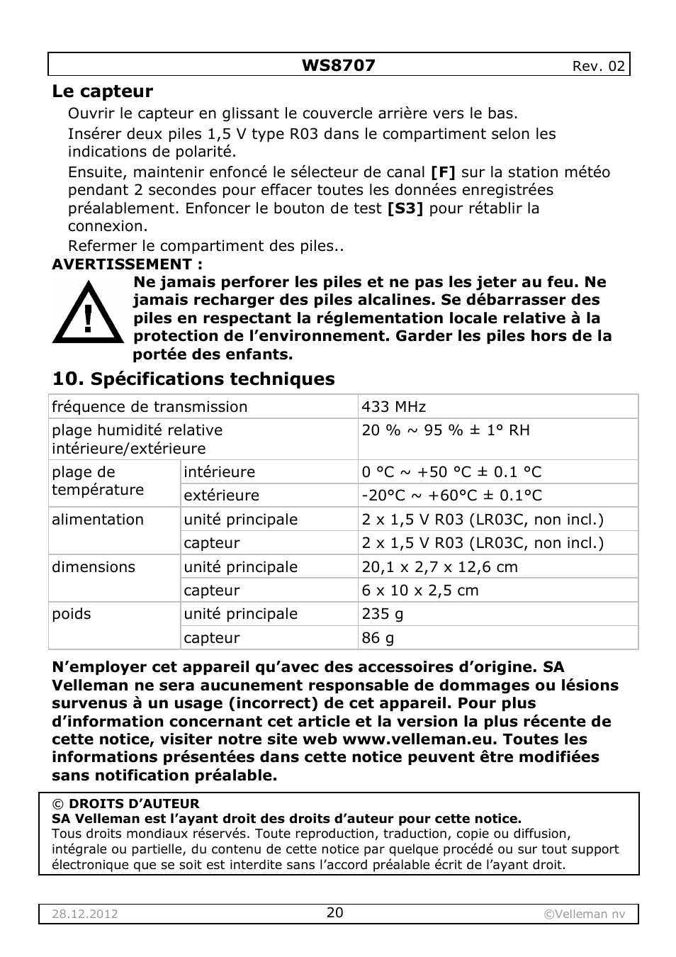 Velleman WS8707 User Manual | Page 20 / 50