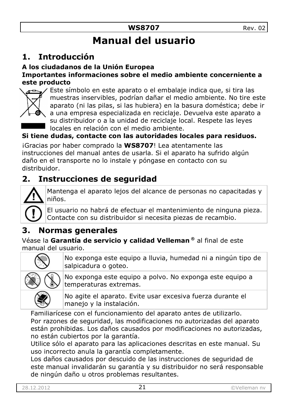 Manual del usuario, Introducción, Instrucciones de seguridad | Normas generales | Velleman WS8707 User Manual | Page 21 / 50