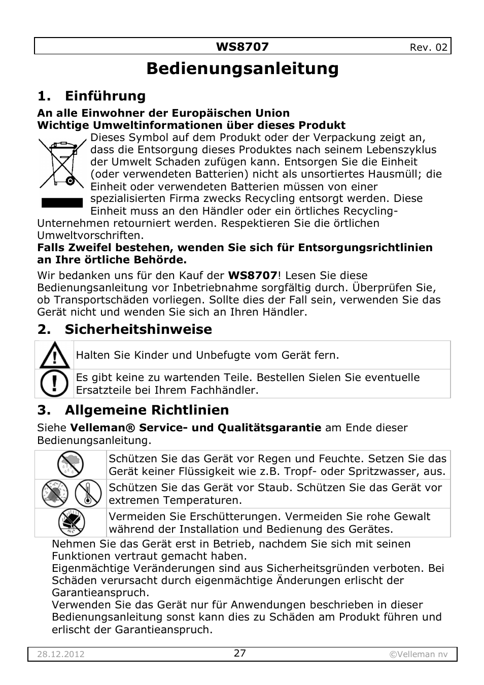 Bedienungsanleitung, Einführung, Sicherheitshinweise | Allgemeine richtlinien | Velleman WS8707 User Manual | Page 27 / 50
