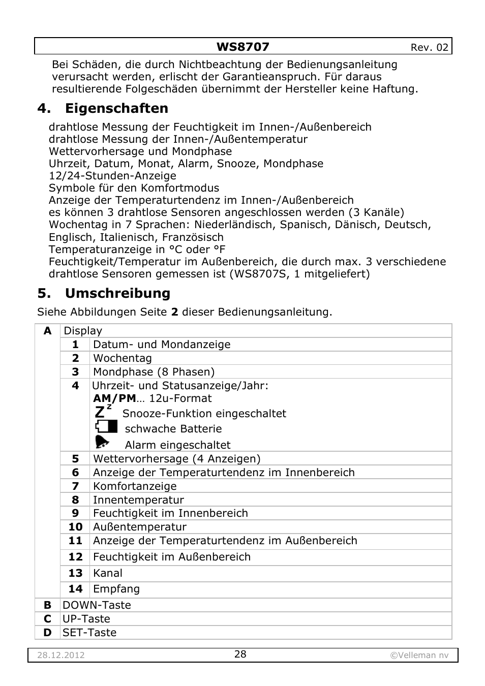 Eigenschaften, Umschreibung | Velleman WS8707 User Manual | Page 28 / 50
