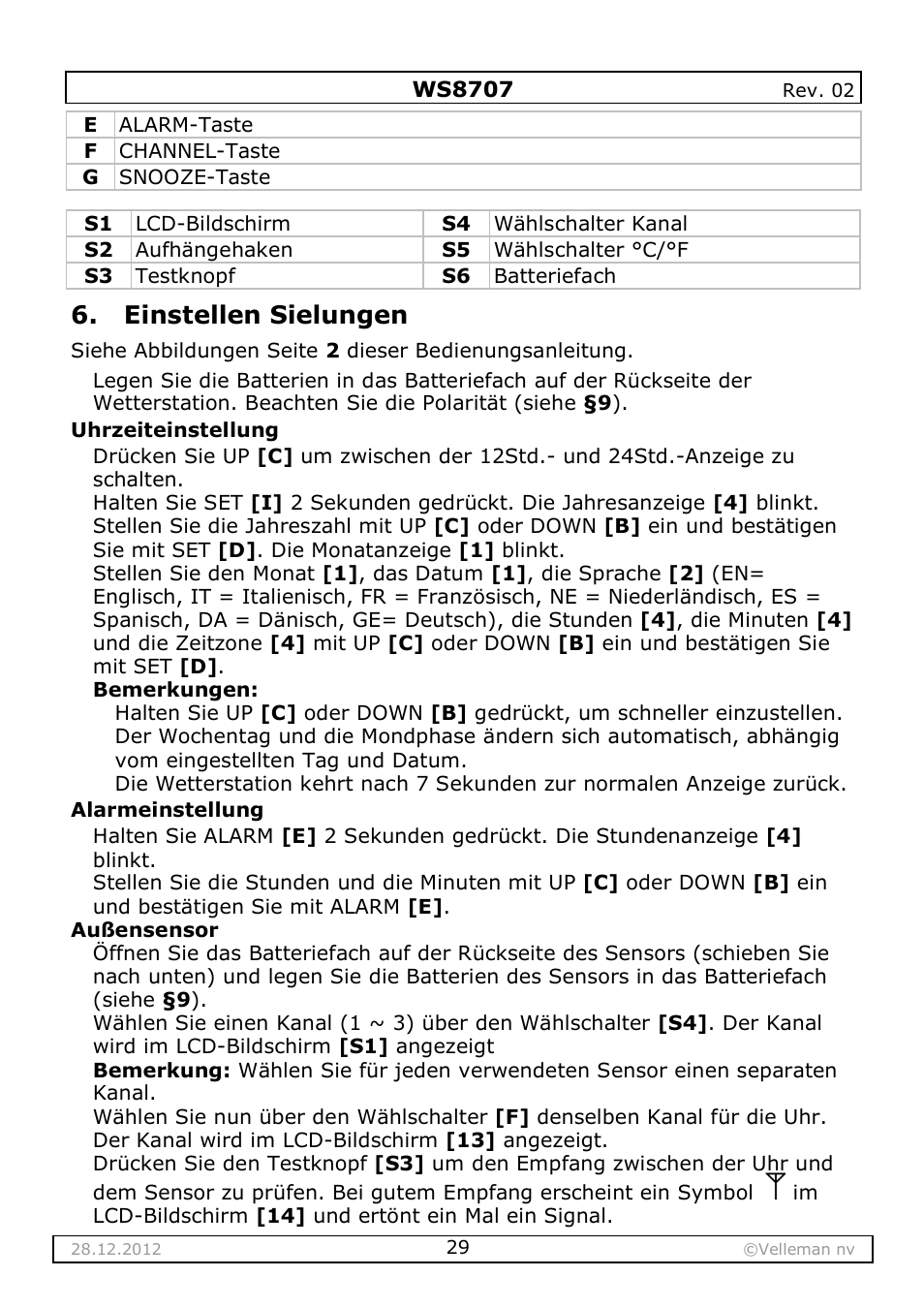 Einstellen sielungen | Velleman WS8707 User Manual | Page 29 / 50