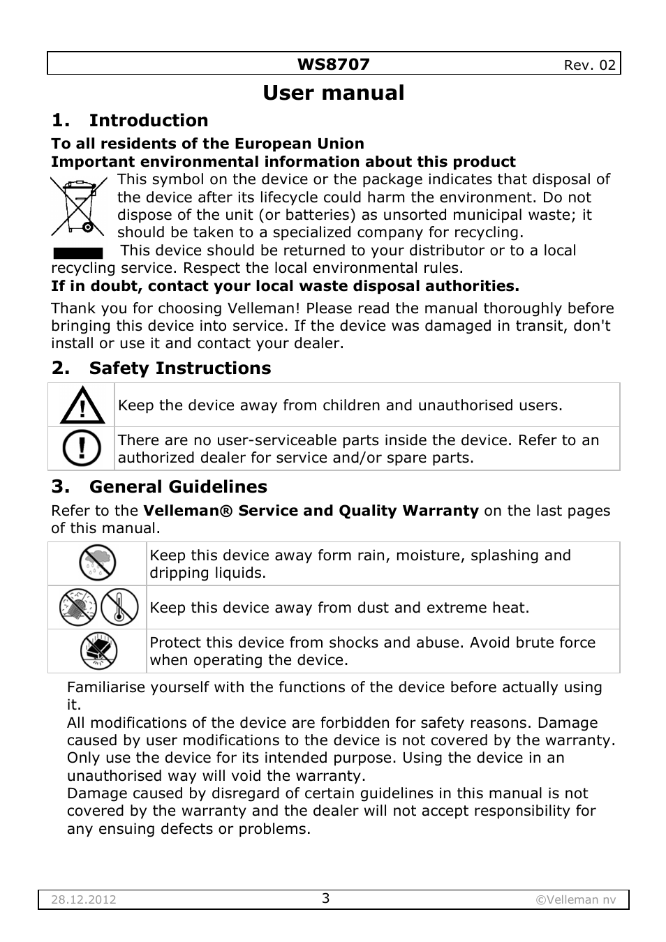 User manual | Velleman WS8707 User Manual | Page 3 / 50