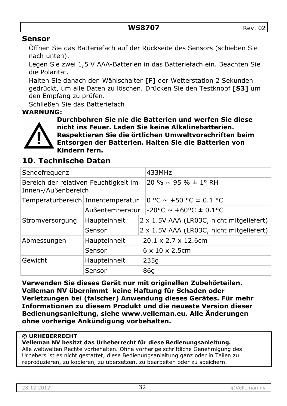 Velleman WS8707 User Manual | Page 32 / 50