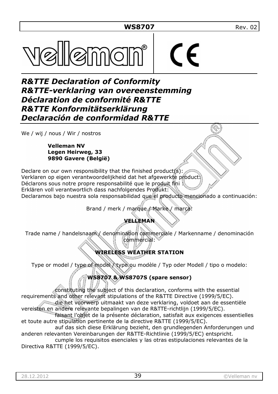R&tte | Velleman WS8707 User Manual | Page 39 / 50