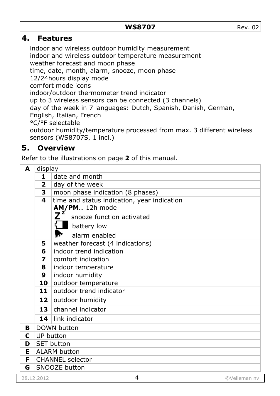 Velleman WS8707 User Manual | Page 4 / 50