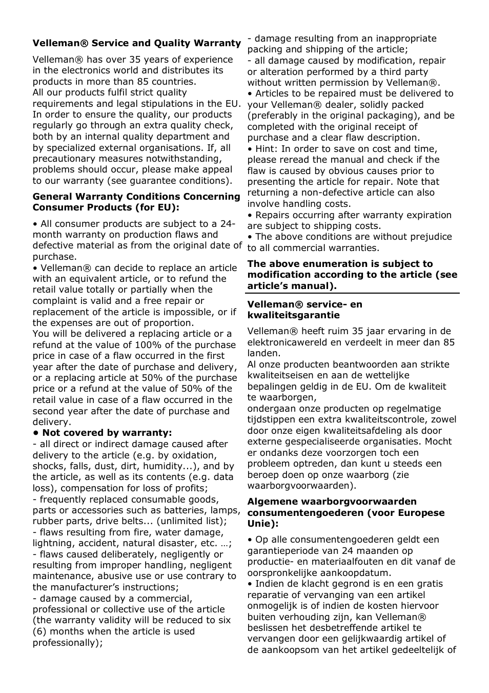 Warranty - garantie - garantia | Velleman WS8707 User Manual | Page 41 / 50