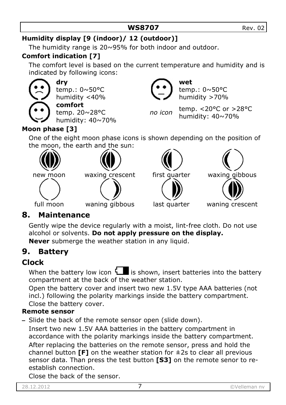 Velleman WS8707 User Manual | Page 7 / 50