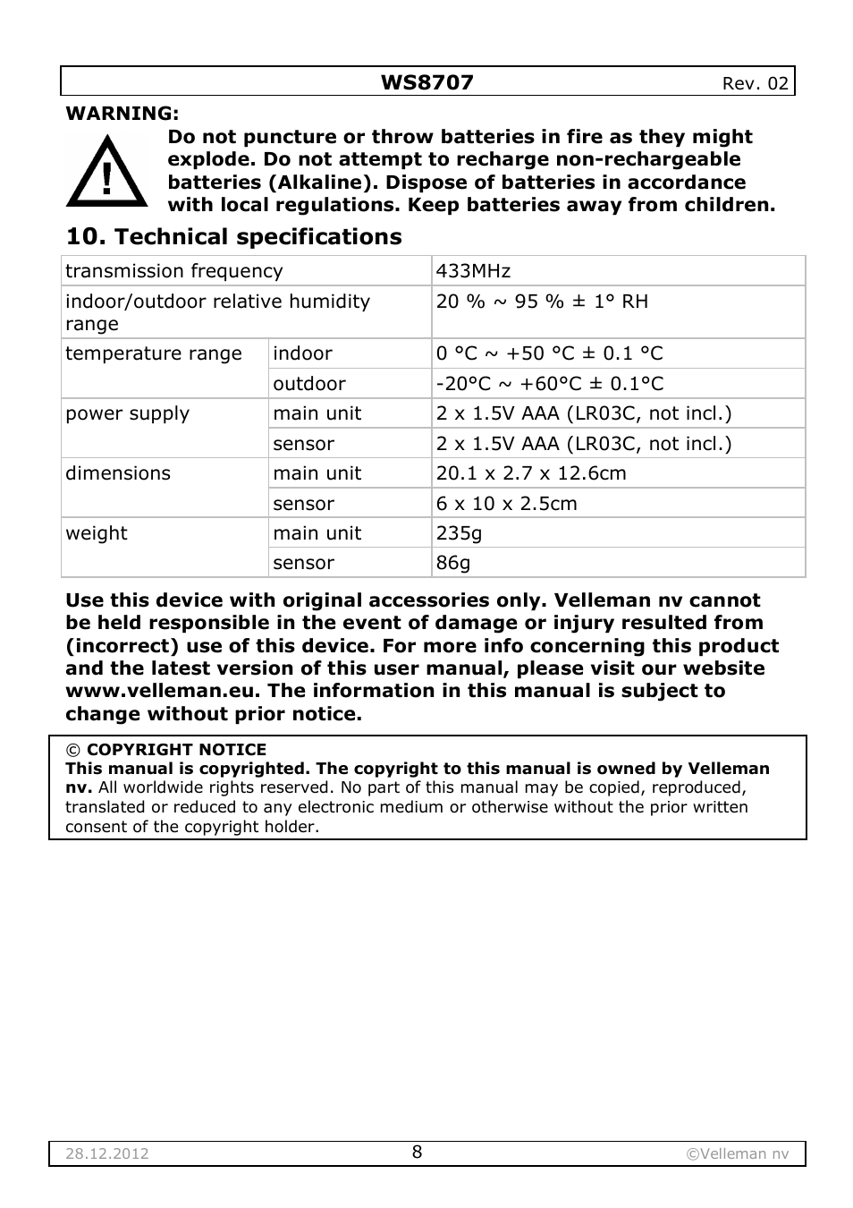 Velleman WS8707 User Manual | Page 8 / 50