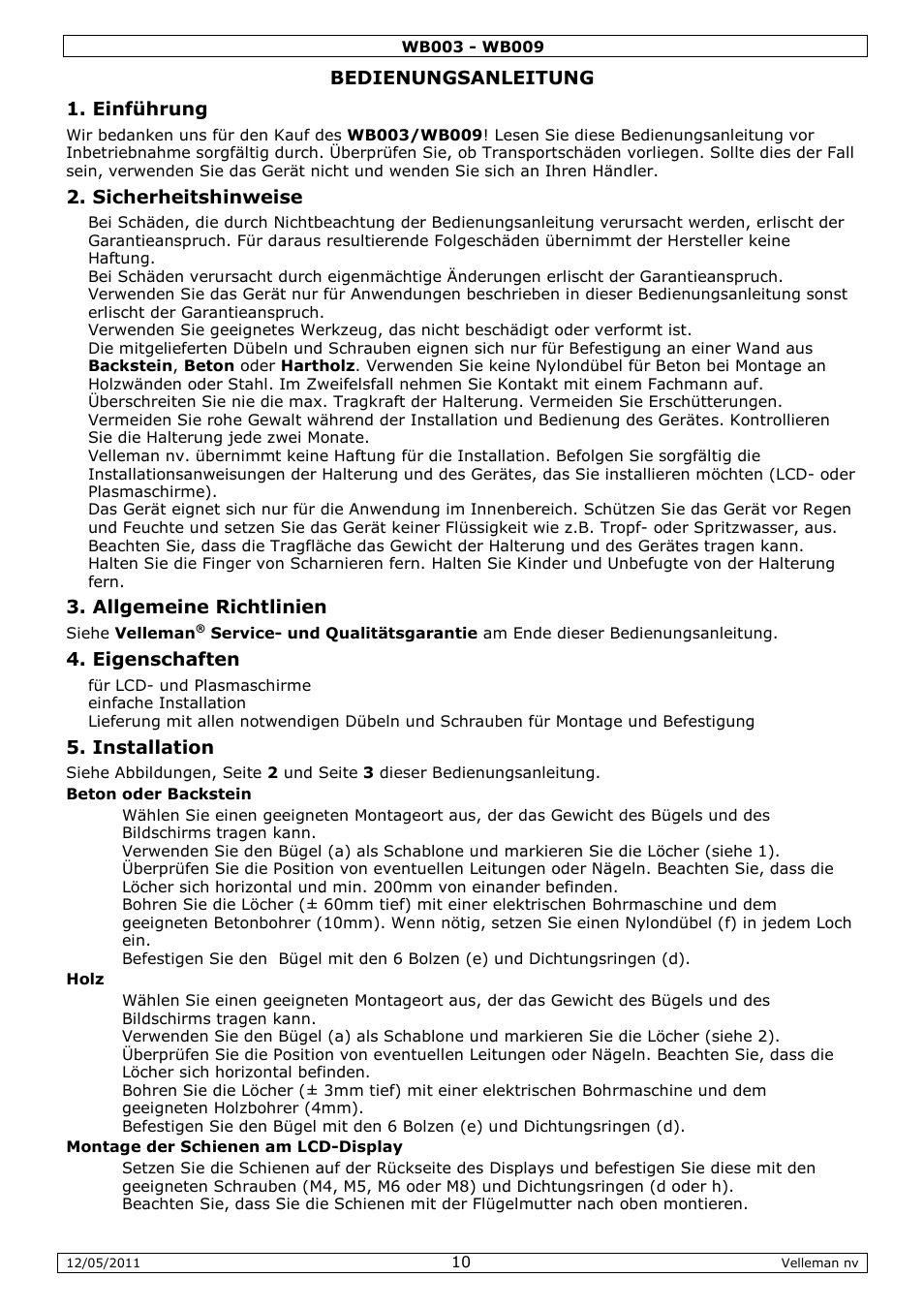 Bedienungsanleitung 1. einführung, Sicherheitshinweise, Allgemeine richtlinien | Eigenschaften, Installation | Velleman WB003 User Manual | Page 10 / 15