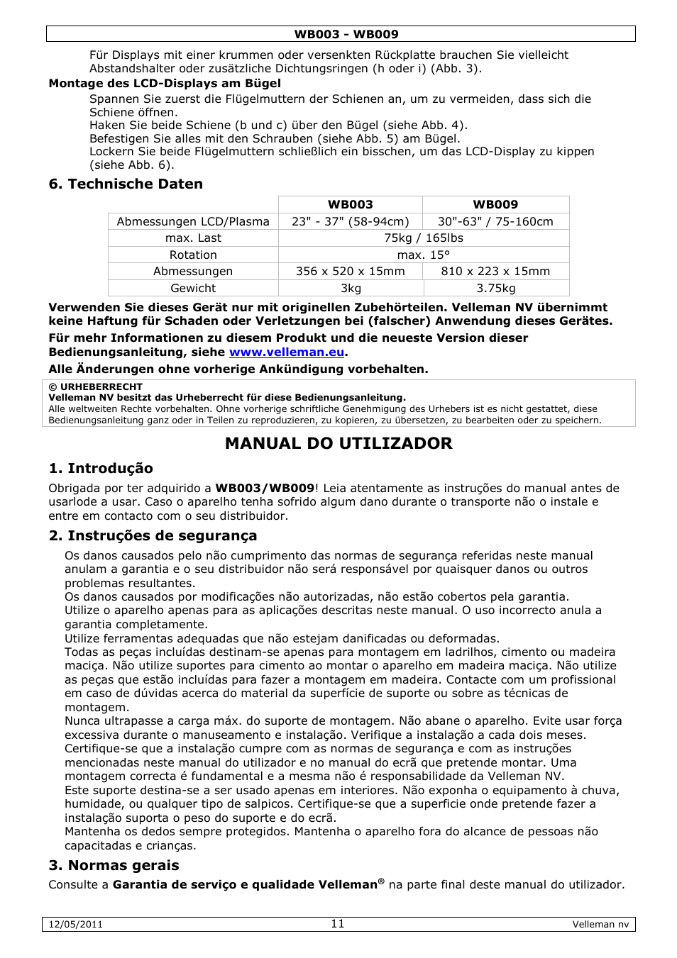Manual do utilizador, Technische daten, Introdução | Instruções de segurança, Normas gerais | Velleman WB003 User Manual | Page 11 / 15