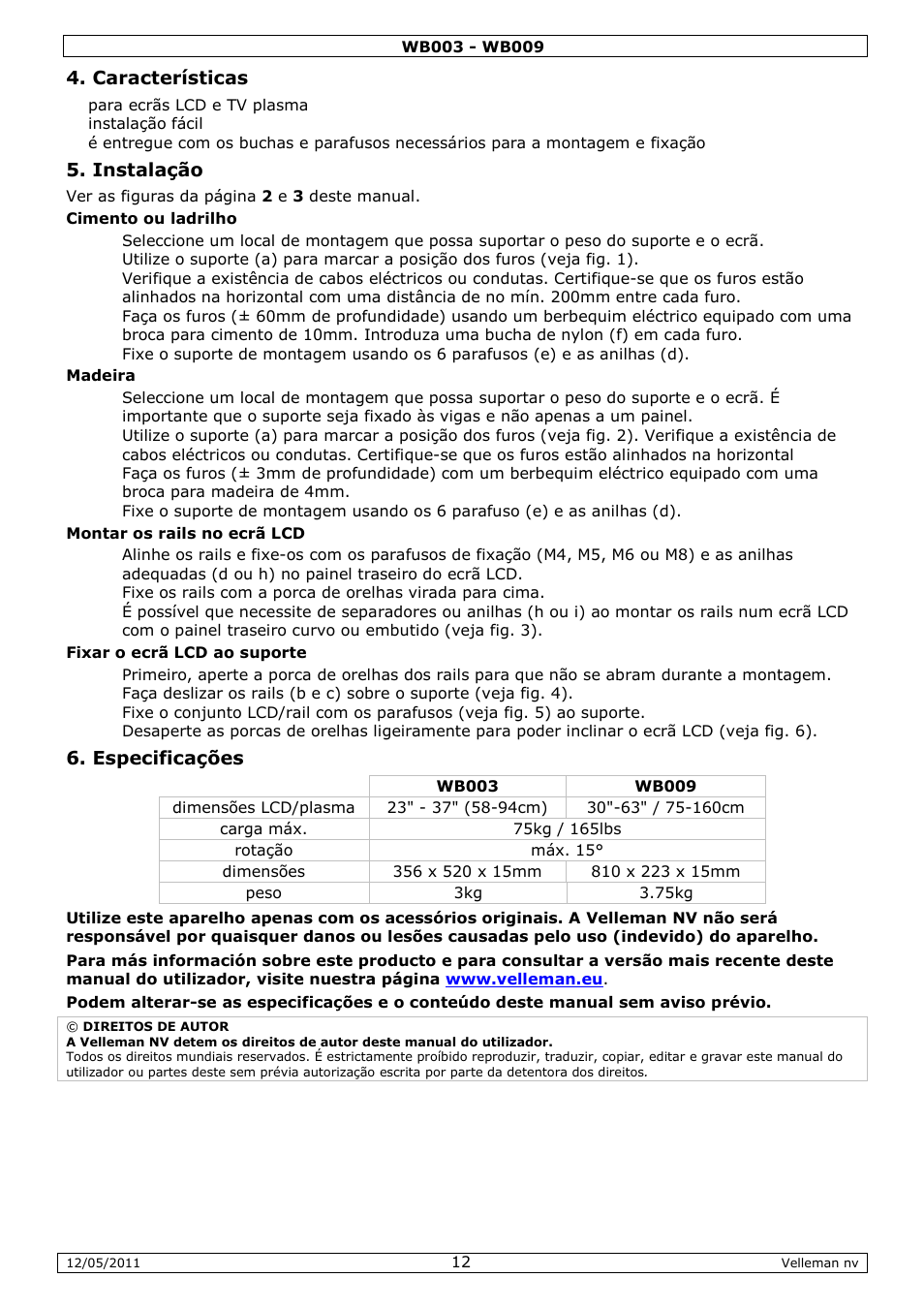 Características, Instalação, Especificações | Velleman WB003 User Manual | Page 12 / 15