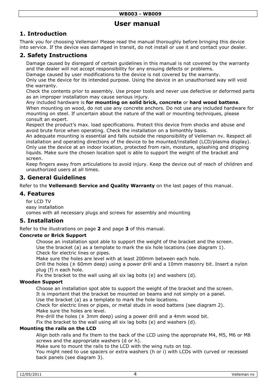 User manual, Introduction, Safety instructions | General guidelines, Features, Installation | Velleman WB003 User Manual | Page 4 / 15