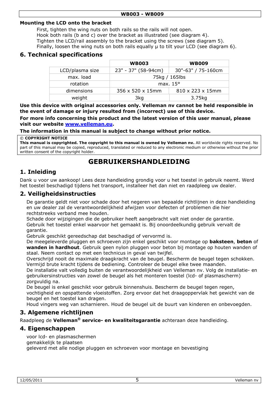 Gebruikershandleiding | Velleman WB003 User Manual | Page 5 / 15