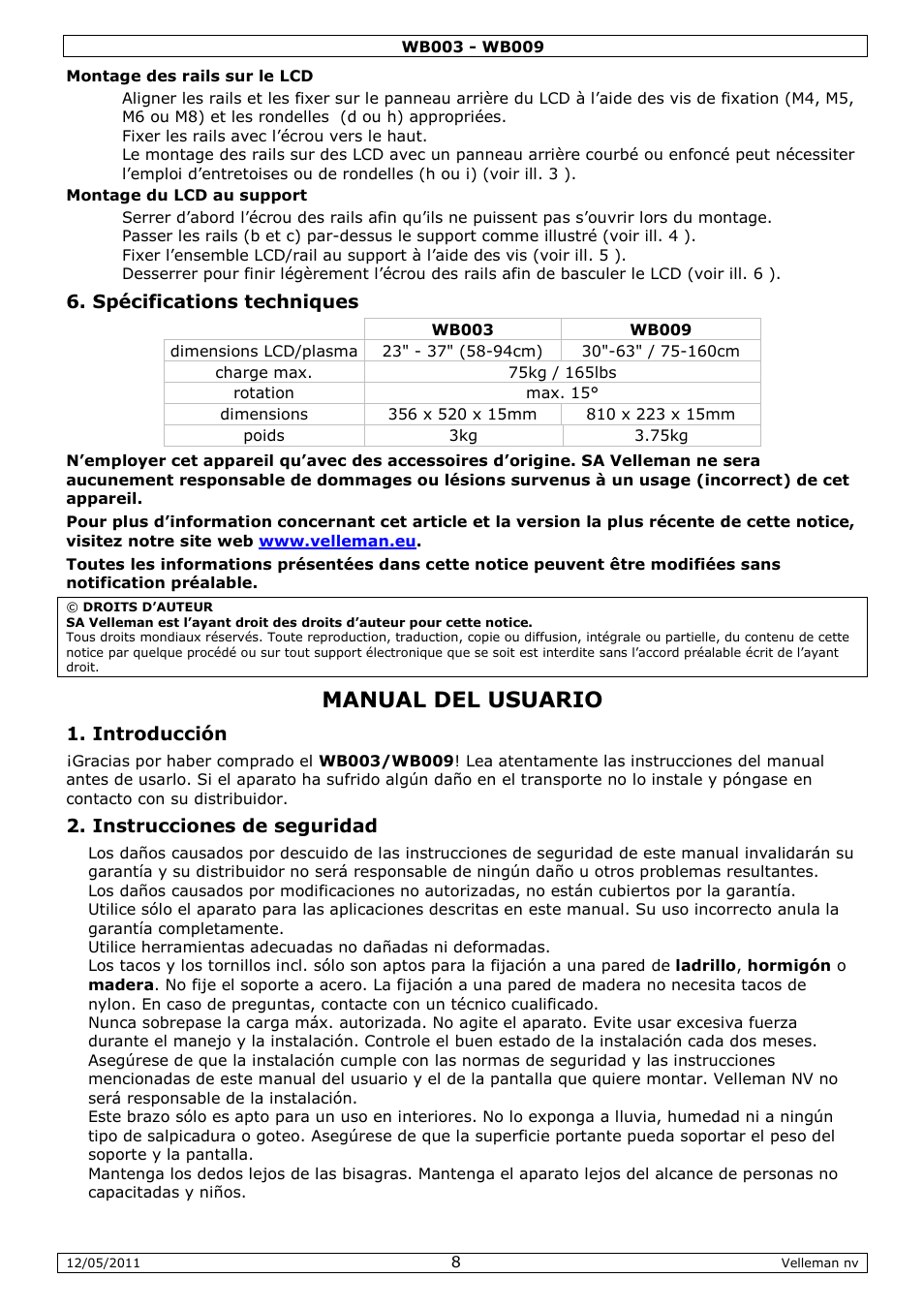 Manual del usuario, Spécifications techniques, Introducción | Instrucciones de seguridad | Velleman WB003 User Manual | Page 8 / 15
