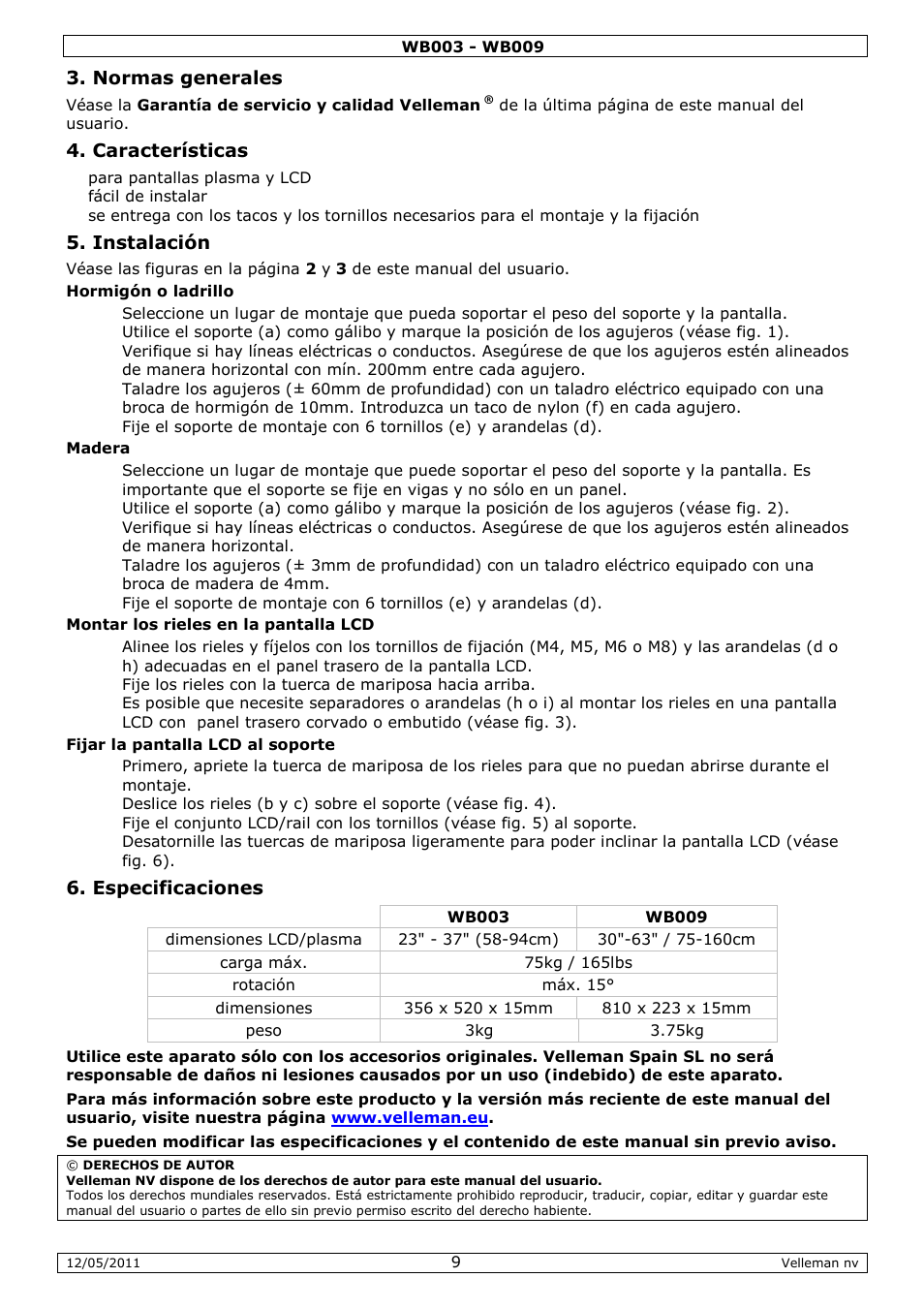 Normas generales, Características, Instalación | Especificaciones | Velleman WB003 User Manual | Page 9 / 15