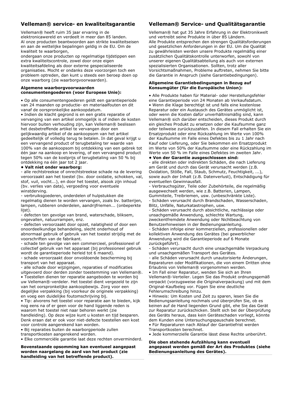 Velleman® service- en kwaliteitsgarantie, Velleman® service- und qualitätsgarantie | Velleman WPST2 User Manual | Page 14 / 15