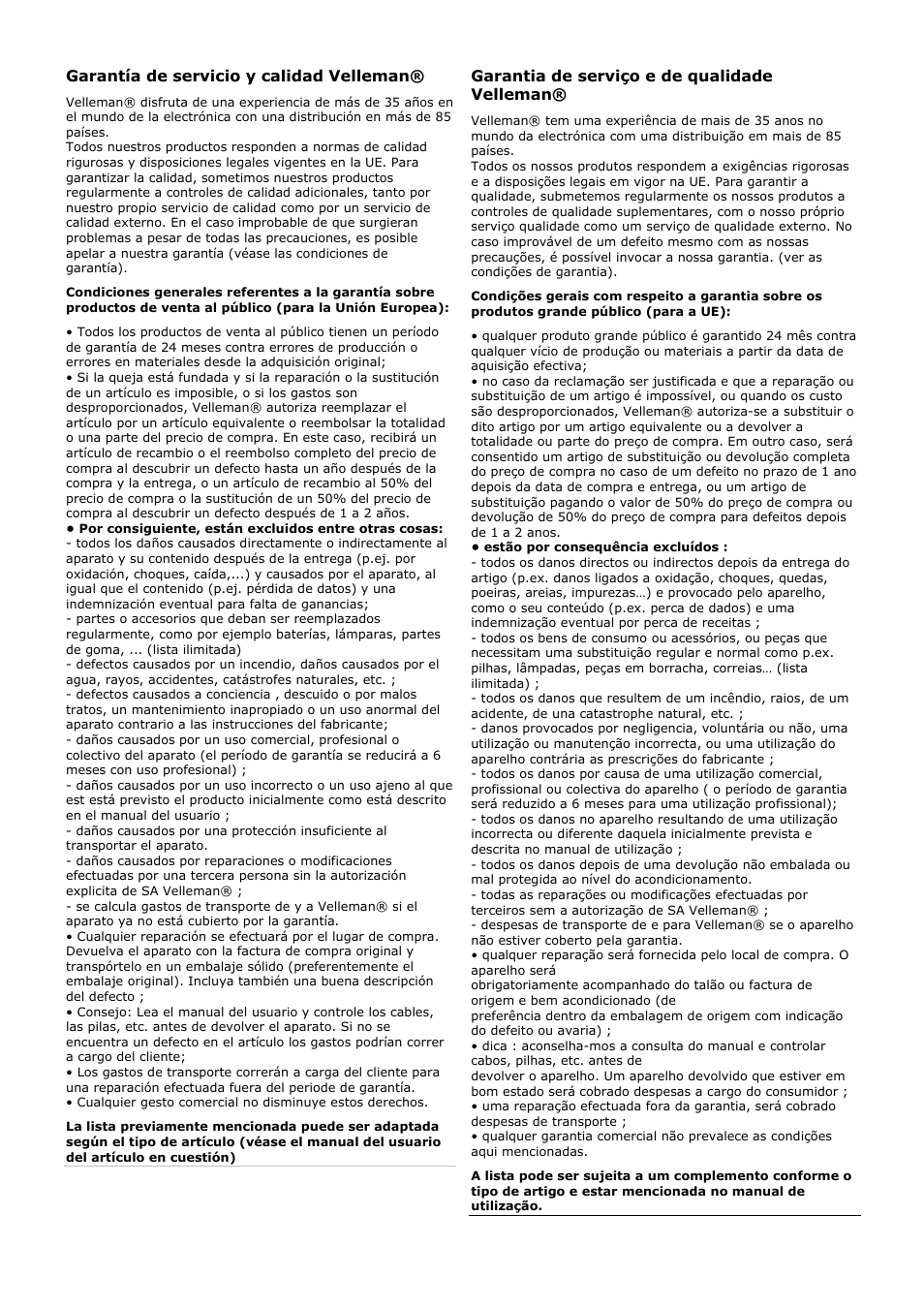 Garantía de servicio y calidad velleman, Garantia de serviço e de qualidade velleman | Velleman WPST2 User Manual | Page 15 / 15