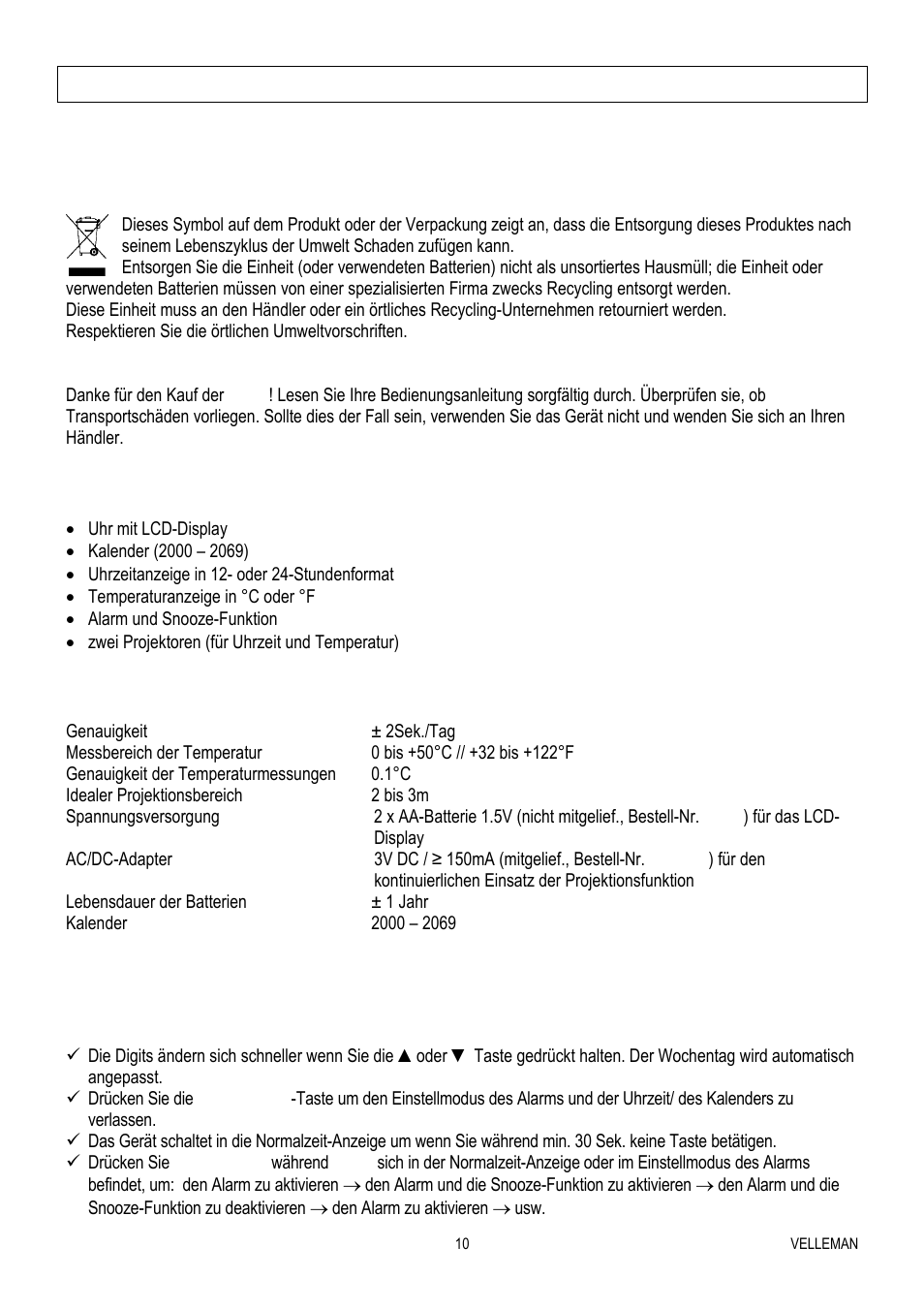 Wt82 – multifunktionelle projektionsuhr | Velleman WT82 User Manual | Page 10 / 13