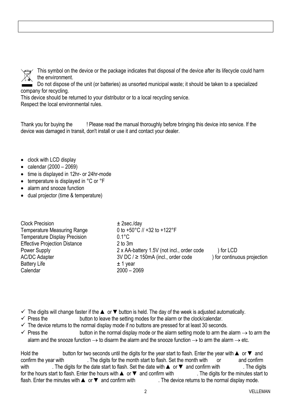 Wt82 – multifunctional projection clock | Velleman WT82 User Manual | Page 2 / 13