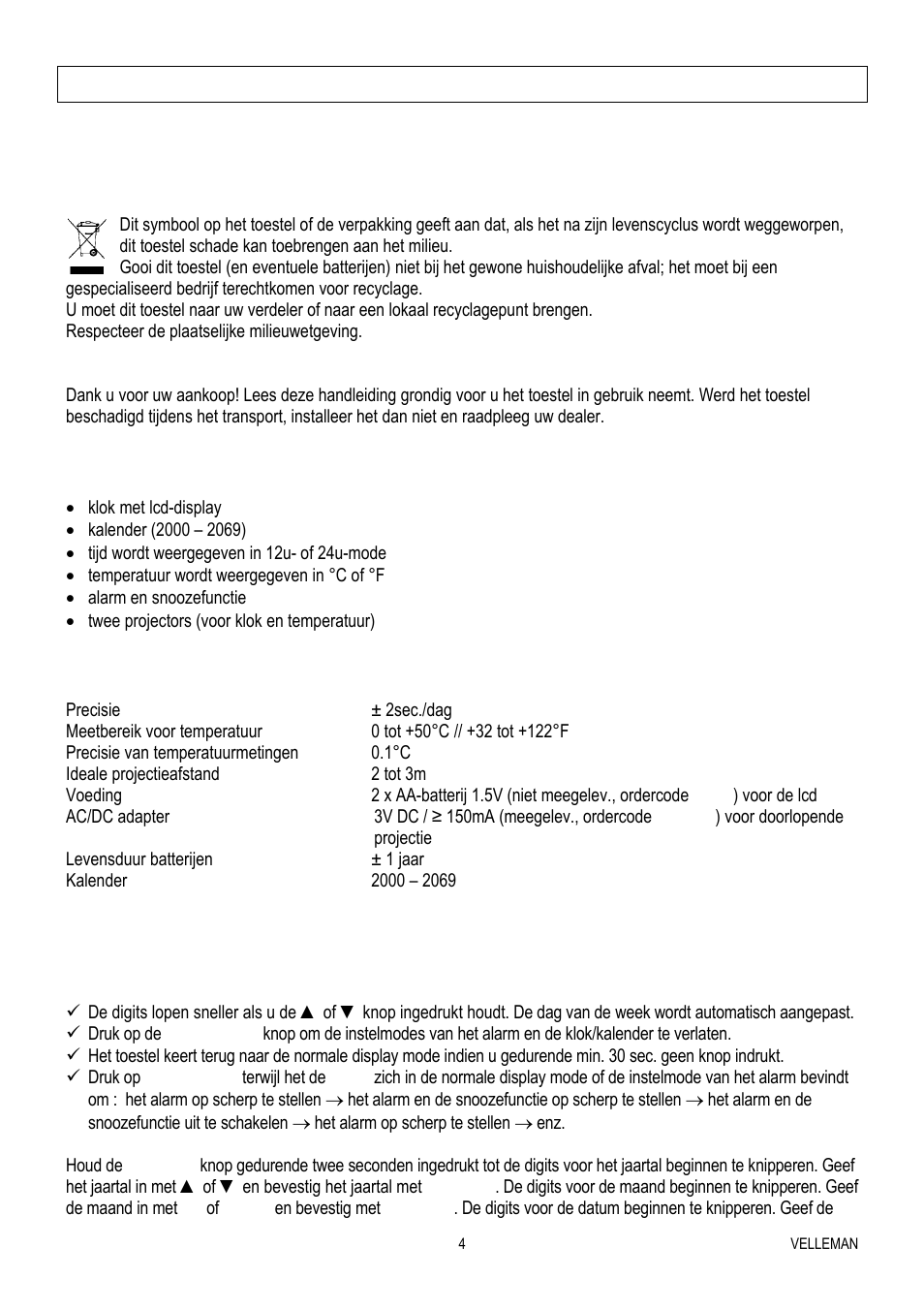 Wt82 – multifunctionele projectieklok | Velleman WT82 User Manual | Page 4 / 13