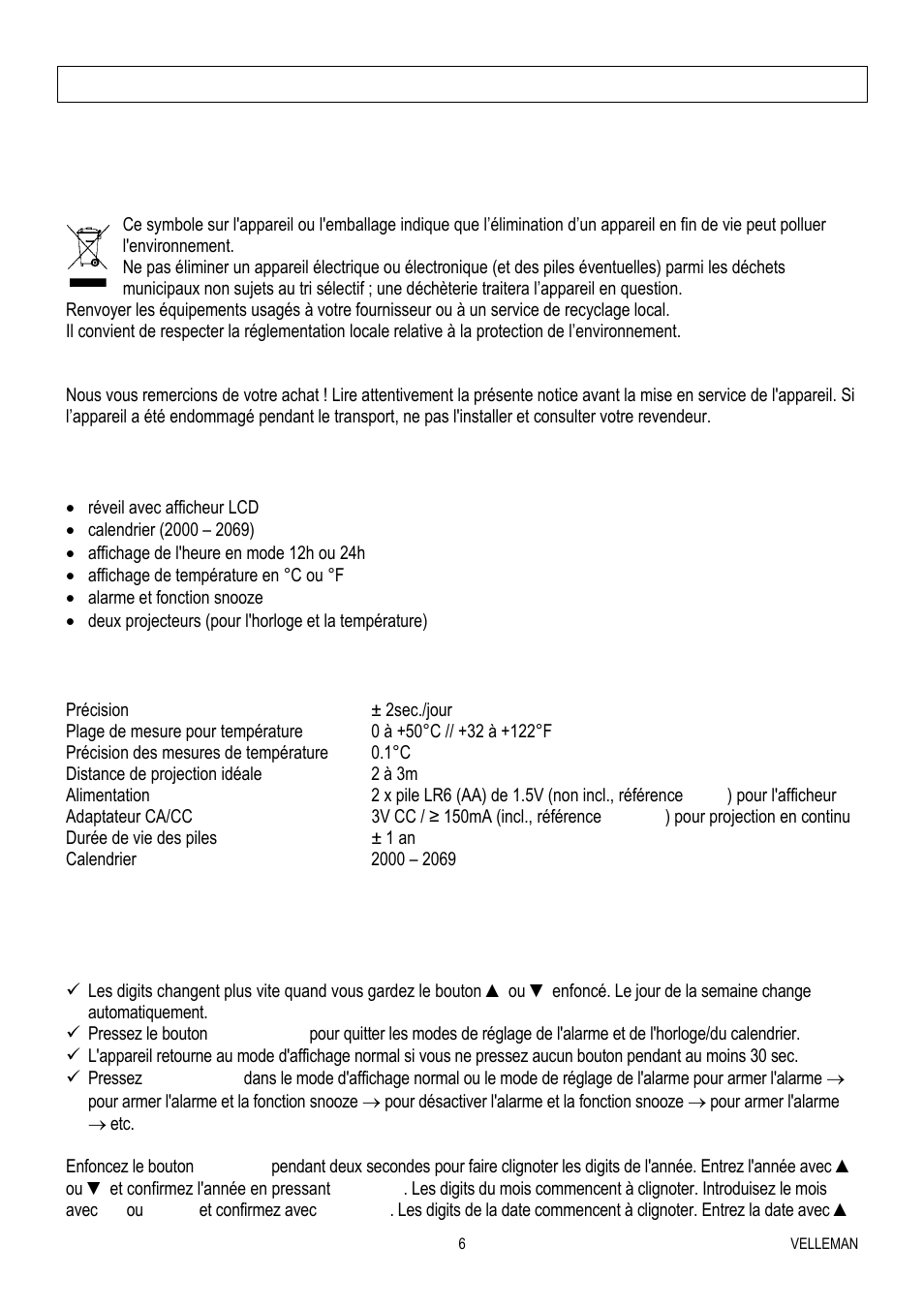 Wt82 – réveil à projection multifonctions | Velleman WT82 User Manual | Page 6 / 13