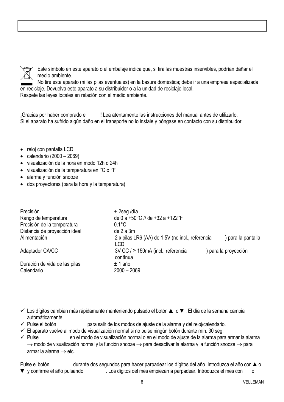 Wt82 – reloj de proyección multifunción | Velleman WT82 User Manual | Page 8 / 13