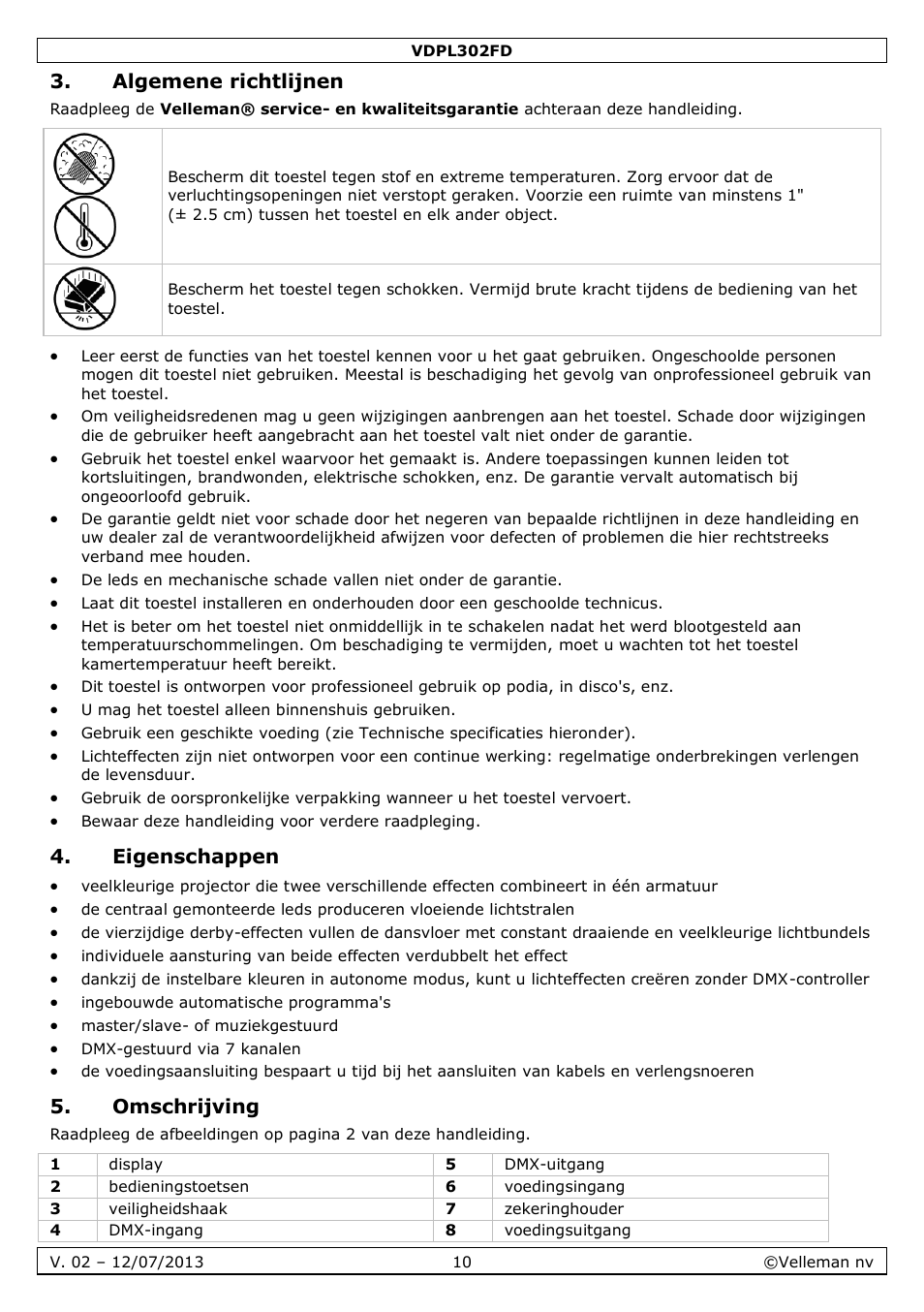 Algemene richtlijnen, Eigenschappen, Omschrijving | Velleman VDPL302FD User Manual | Page 10 / 38