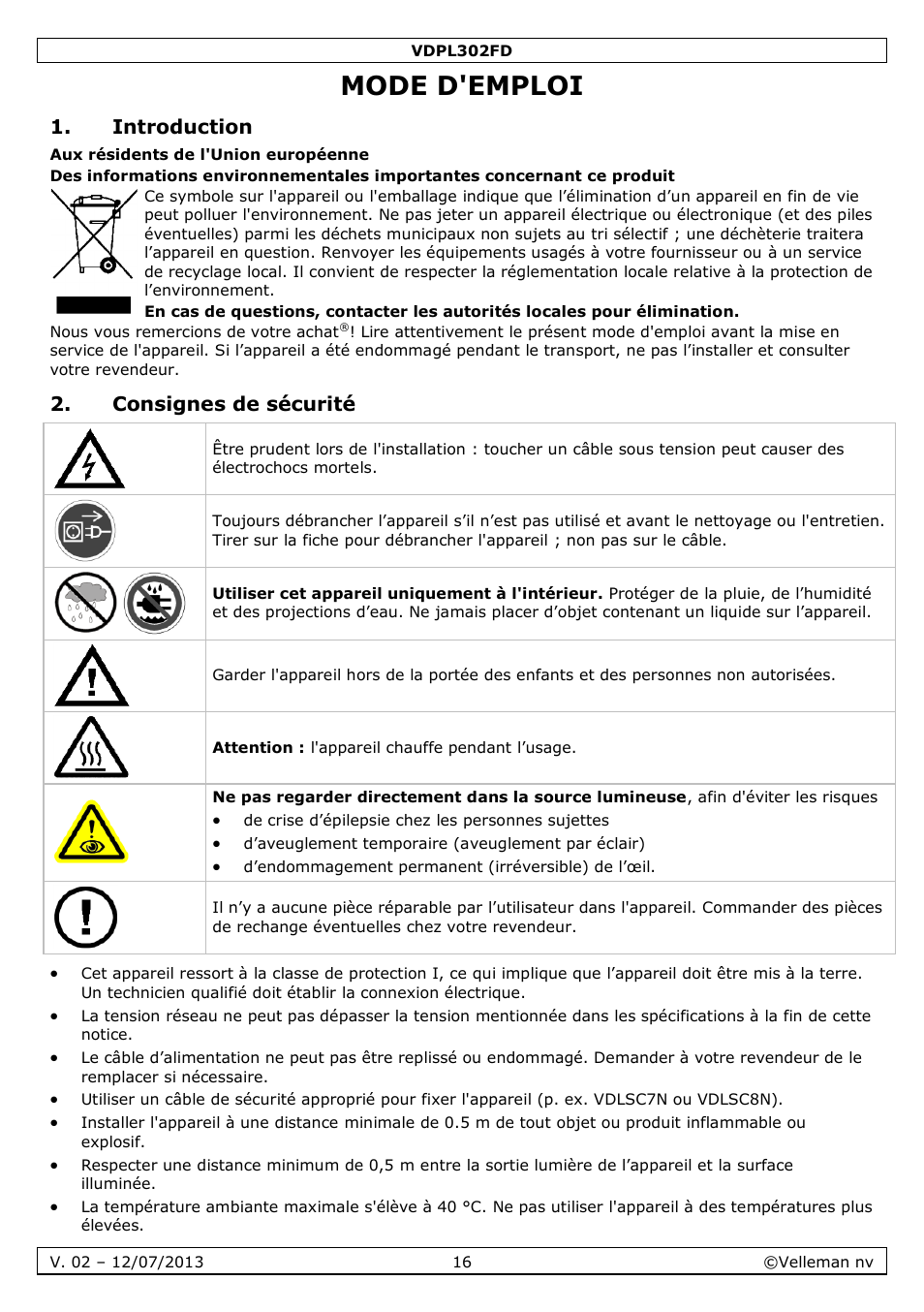 Mode d'emploi, Introduction, Consignes de sécurité | Velleman VDPL302FD User Manual | Page 16 / 38