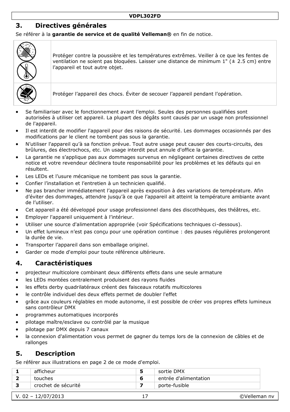 Directives générales, Caractéristiques, Description | Velleman VDPL302FD User Manual | Page 17 / 38