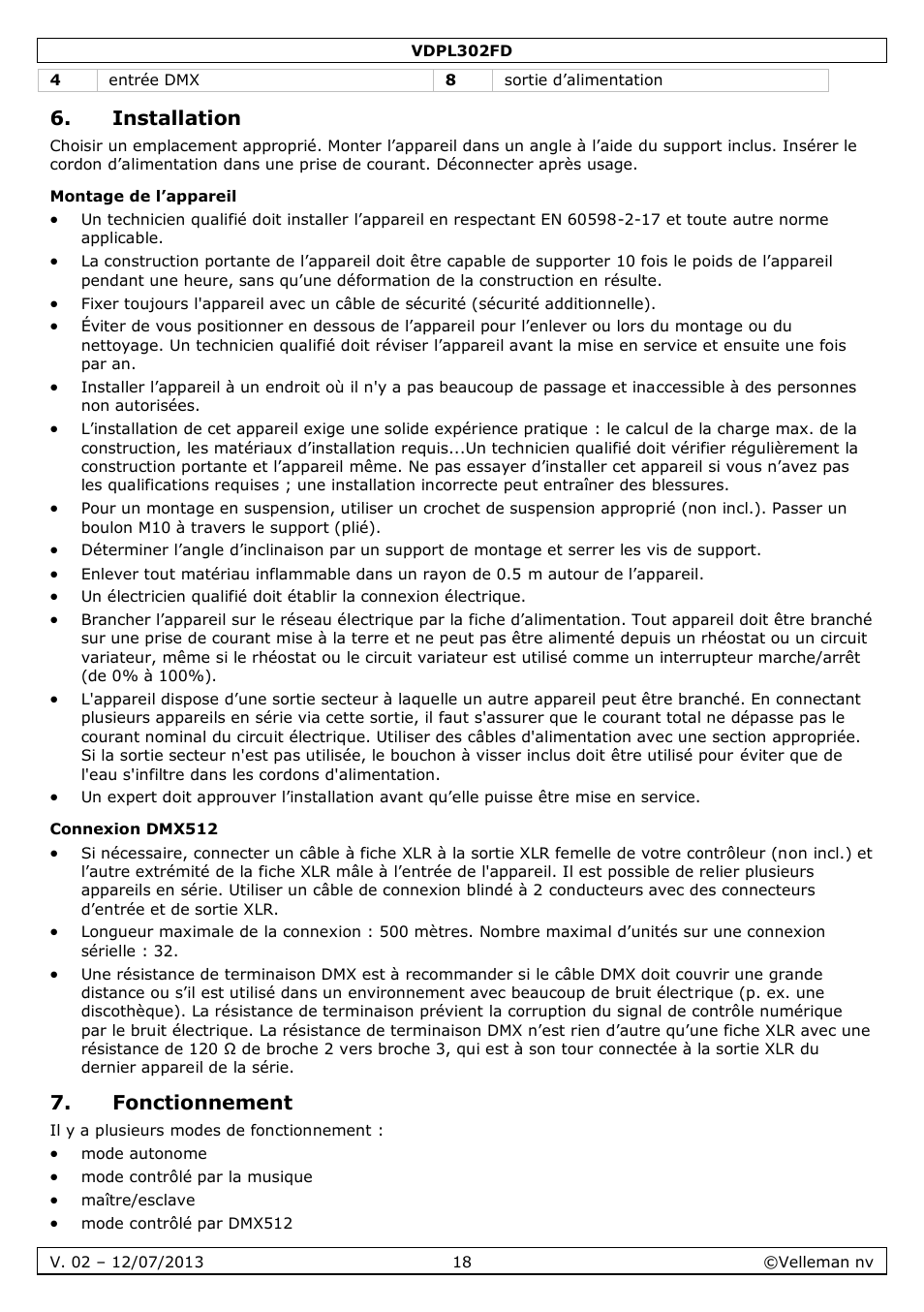 Installation, Montage de l’appareil, Connexion dmx512 | Fonctionnement | Velleman VDPL302FD User Manual | Page 18 / 38