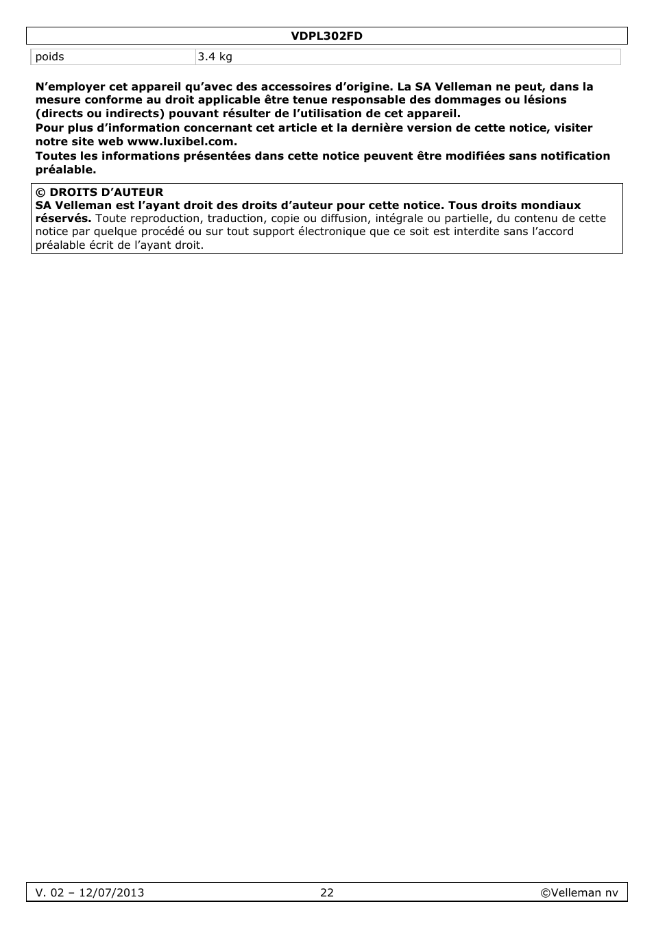 Velleman VDPL302FD User Manual | Page 22 / 38